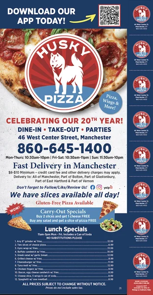 Folded menu insert front with coupon tab