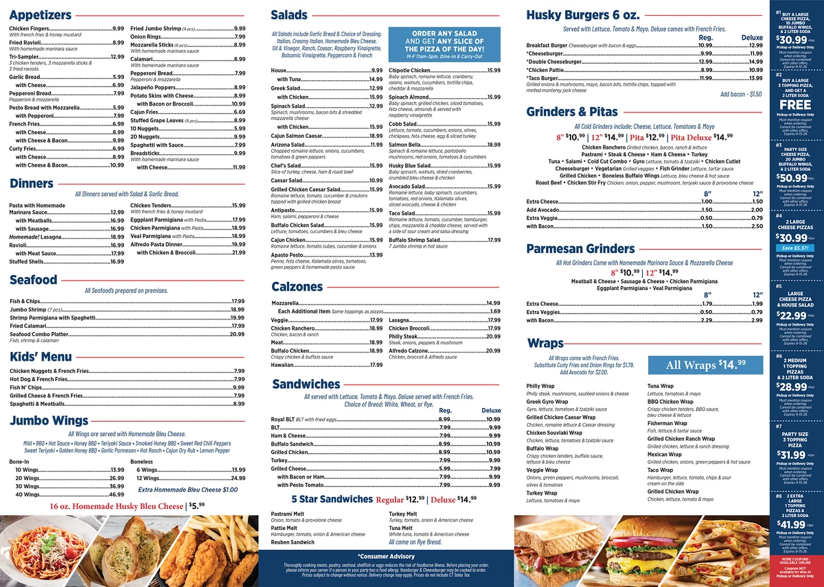Open menu insert showing the full Husky Pizza menu