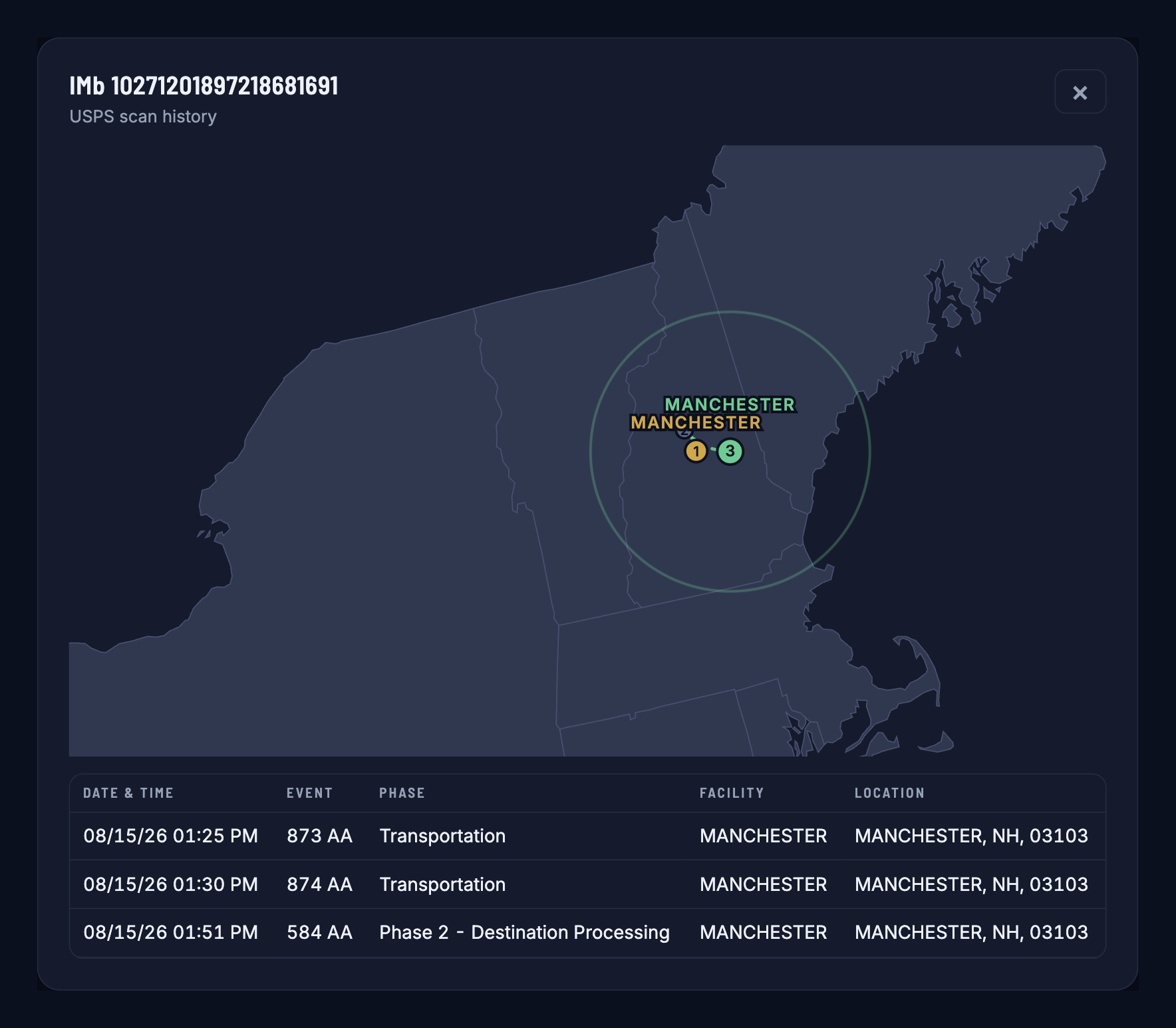 USPS scan history for a single mail piece, with a map and event timeline